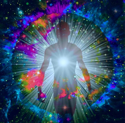 Spiritual Persona Walking in an aura of multiple lights